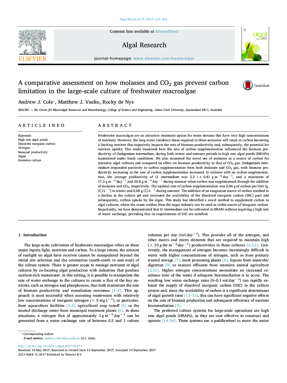 A comparative assessment on how molasses and CO2 gas prevent carbon limitation in the large-scale culture of freshwater macroalgae