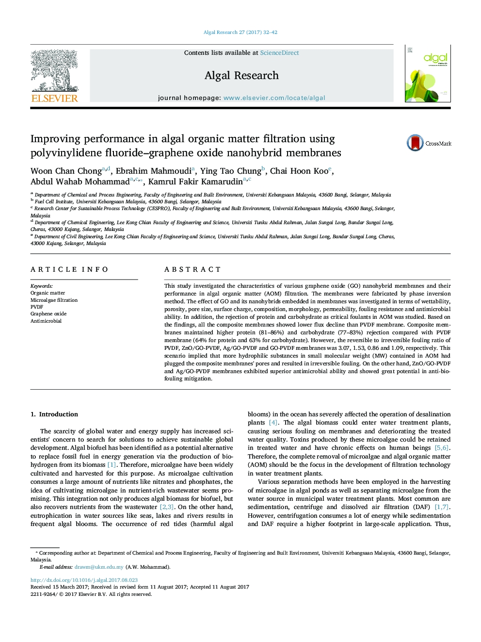 Improving performance in algal organic matter filtration using polyvinylidene fluoride-graphene oxide nanohybrid membranes