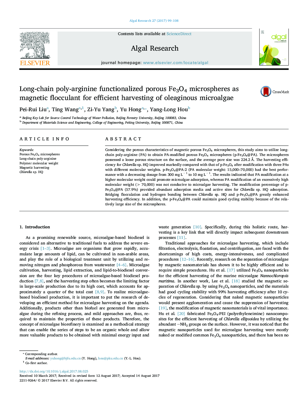 Long-chain poly-arginine functionalized porous Fe3O4 microspheres as magnetic flocculant for efficient harvesting of oleaginous microalgae