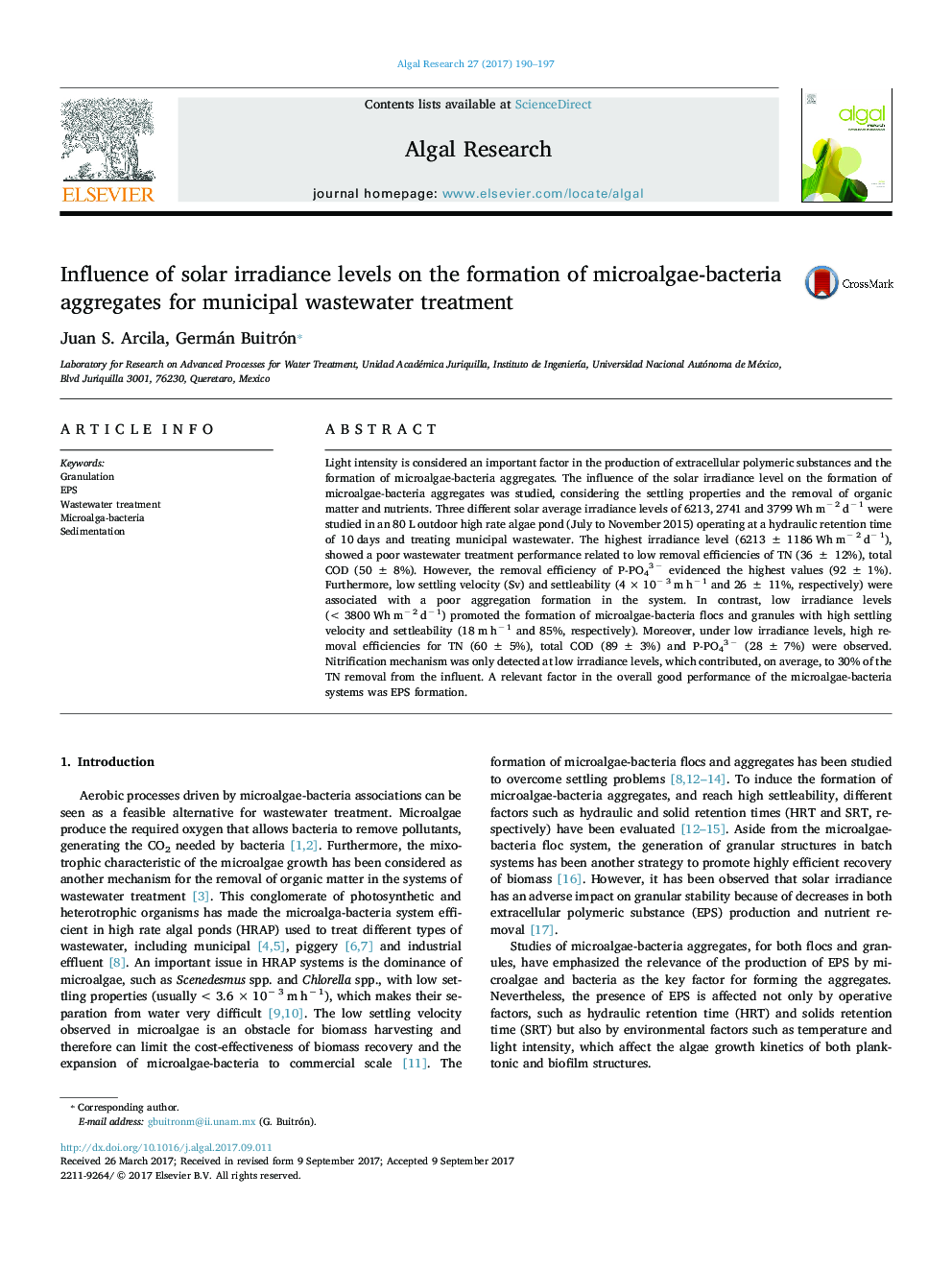 Influence of solar irradiance levels on the formation of microalgae-bacteria aggregates for municipal wastewater treatment