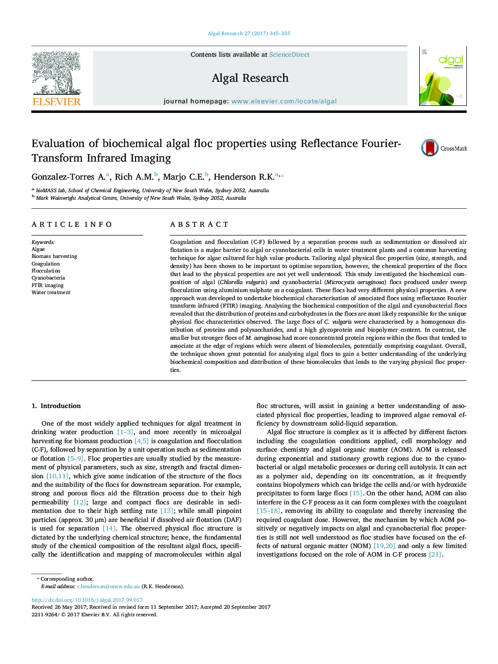 Evaluation of biochemical algal floc properties using Reflectance Fourier-Transform Infrared Imaging