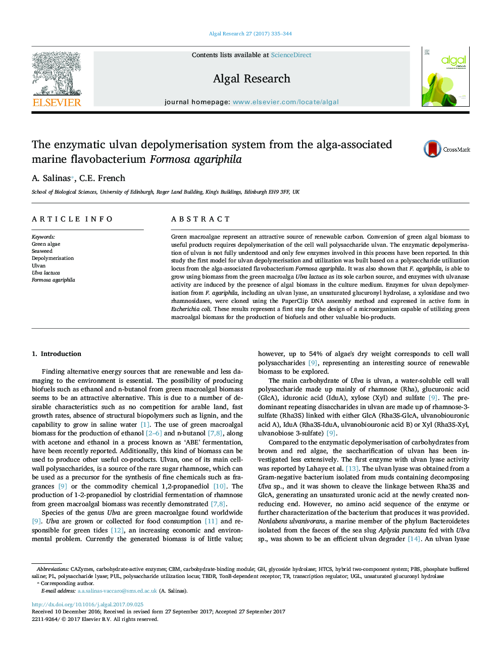 The enzymatic ulvan depolymerisation system from the alga-associated marine flavobacterium Formosa agariphila
