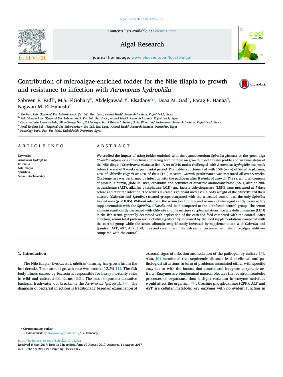 Contribution of microalgae-enriched fodder for the Nile tilapia to growth and resistance to infection with Aeromonas hydrophila