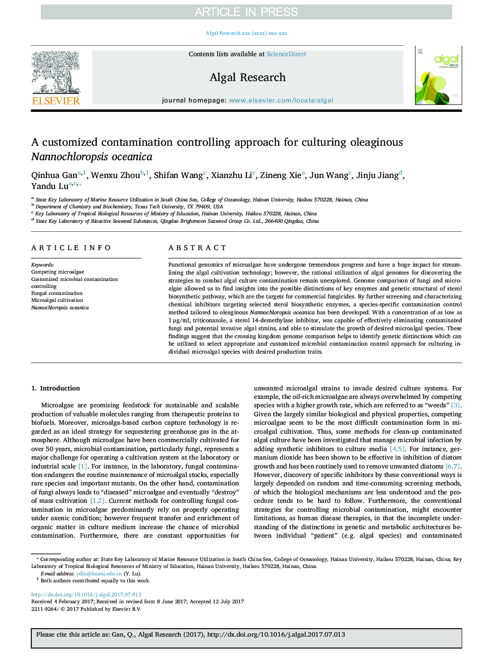 A customized contamination controlling approach for culturing oleaginous Nannochloropsis oceanica