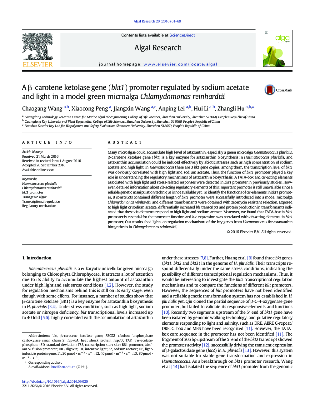 A Î²-carotene ketolase gene (bkt1) promoter regulated by sodium acetate and light in a model green microalga Chlamydomonas reinhardtii