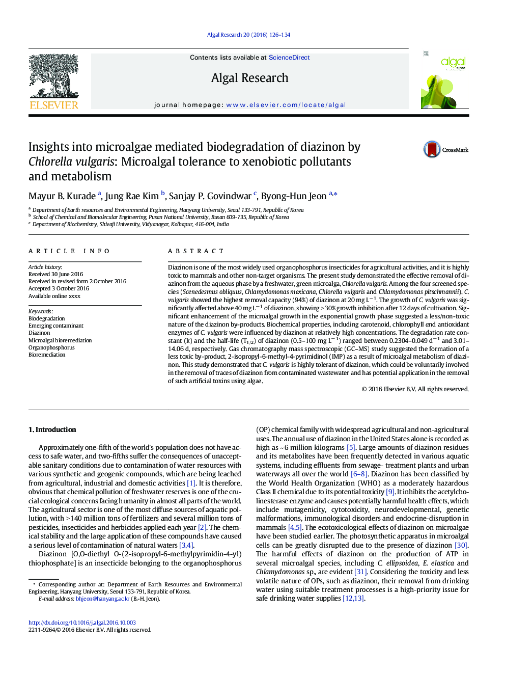 Insights into microalgae mediated biodegradation of diazinon by Chlorella vulgaris: Microalgal tolerance to xenobiotic pollutants and metabolism