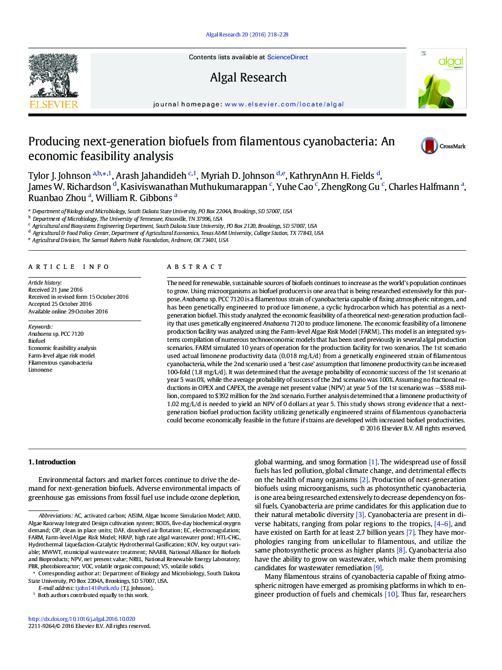 Producing next-generation biofuels from filamentous cyanobacteria: An economic feasibility analysis