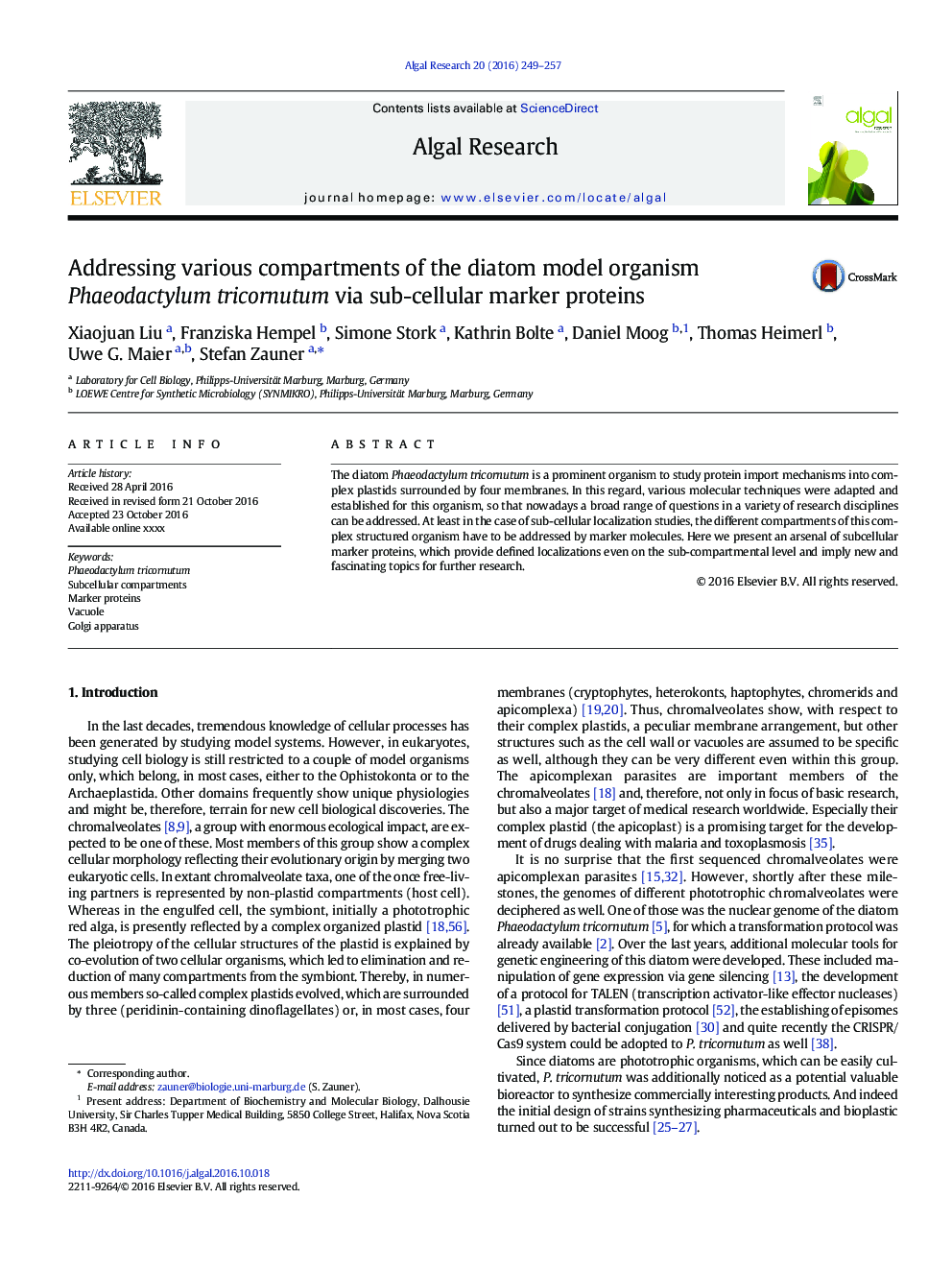 Addressing various compartments of the diatom model organism Phaeodactylum tricornutum via sub-cellular marker proteins