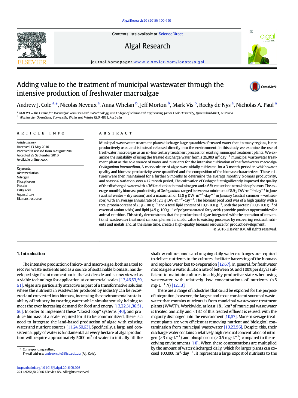 Adding value to the treatment of municipal wastewater through the intensive production of freshwater macroalgae