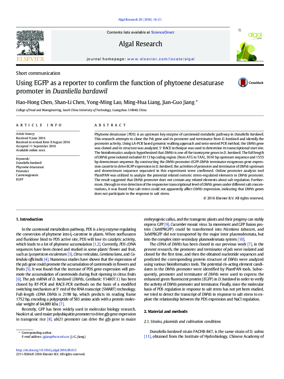 Using EGFP as a reporter to confirm the function of phytoene desaturase promoter in Duanliella bardawil