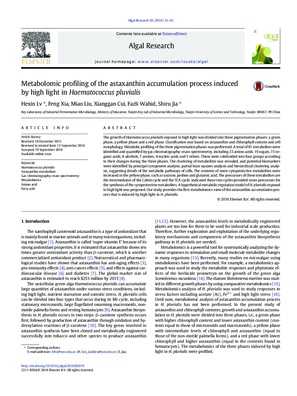 Metabolomic profiling of the astaxanthin accumulation process induced by high light in Haematococcus pluvialis