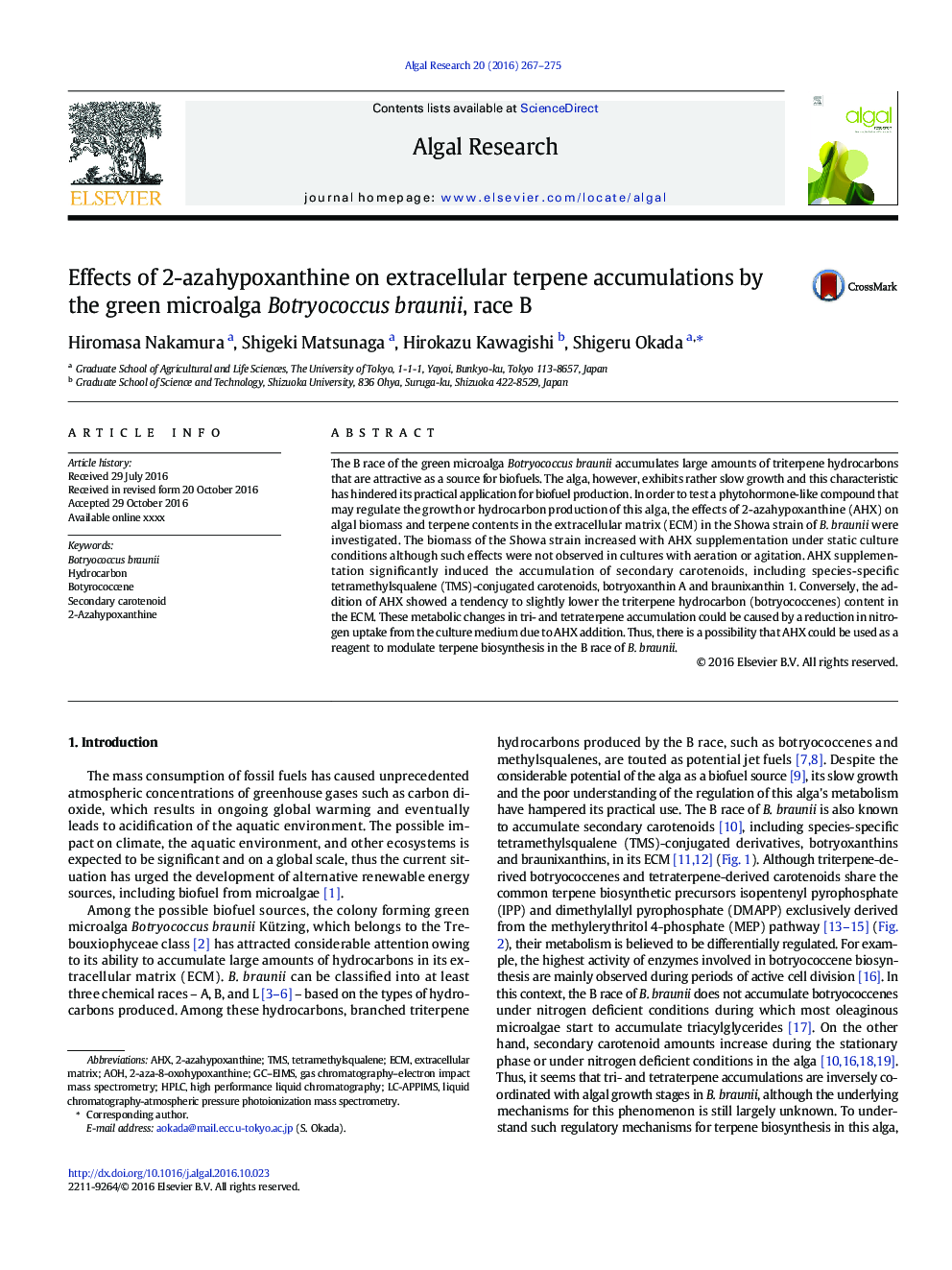 Effects of 2-azahypoxanthine on extracellular terpene accumulations by the green microalga Botryococcus braunii, race B