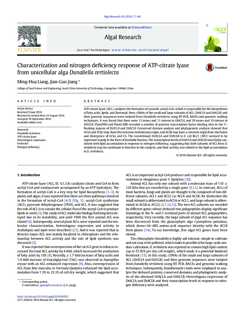 Characterization and nitrogen deficiency response of ATP-citrate lyase from unicellular alga Dunaliella tertiolecta