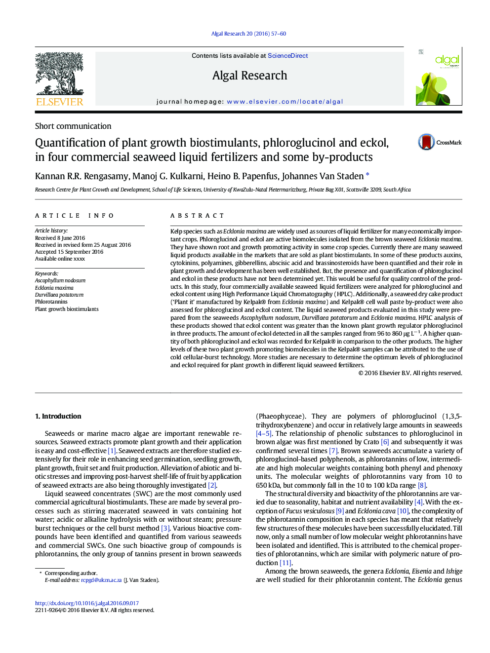 Quantification of plant growth biostimulants, phloroglucinol and eckol, in four commercial seaweed liquid fertilizers and some by-products