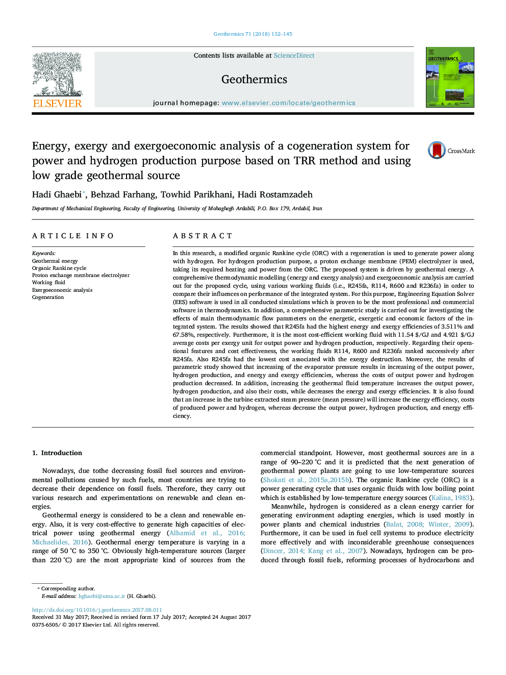 Energy, exergy and exergoeconomic analysis of a cogeneration system for power and hydrogen production purpose based on TRR method and using low grade geothermal source