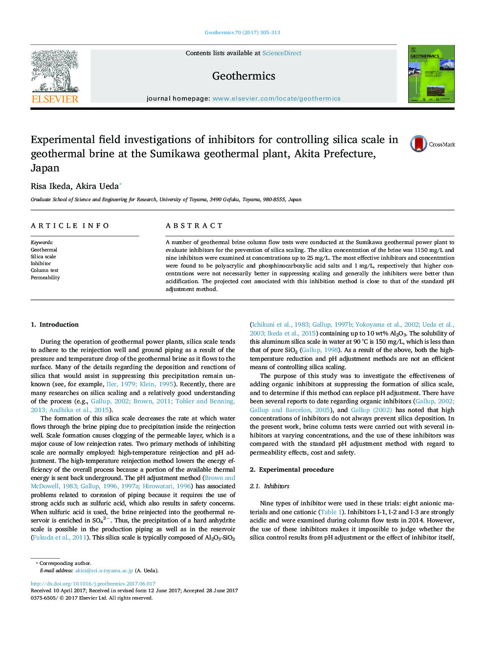 Experimental field investigations of inhibitors for controlling silica scale in geothermal brine at the Sumikawa geothermal plant, Akita Prefecture, Japan