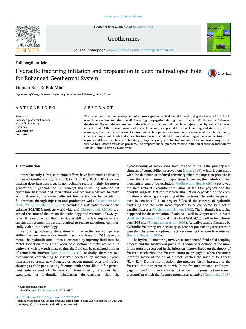 Hydraulic fracturing initiation and propagation in deep inclined open hole for Enhanced Geothermal System