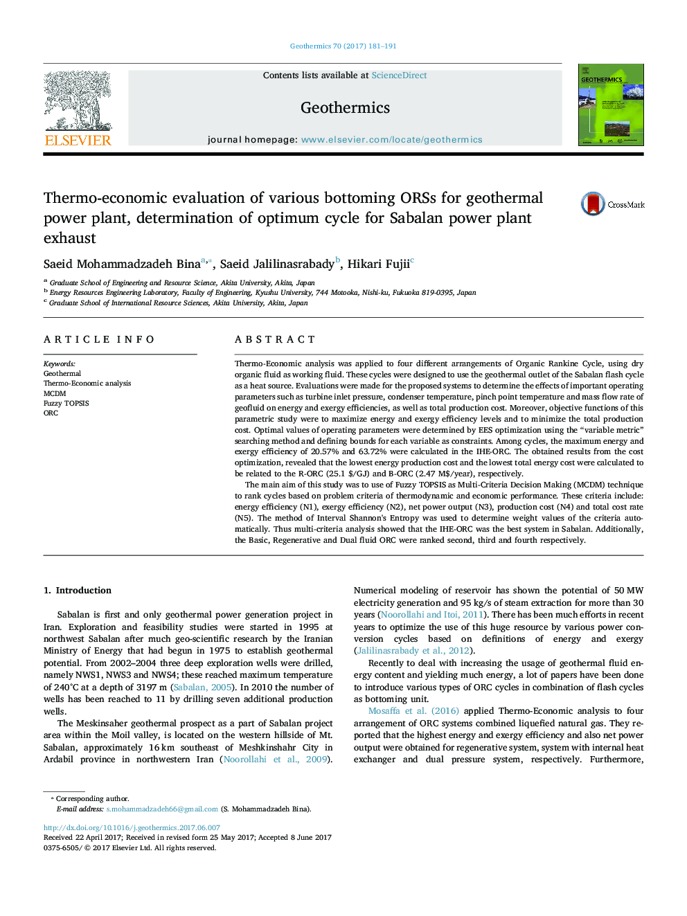 Thermo-economic evaluation of various bottoming ORCs for geothermal power plant, determination of optimum cycle for Sabalan power plant exhaust