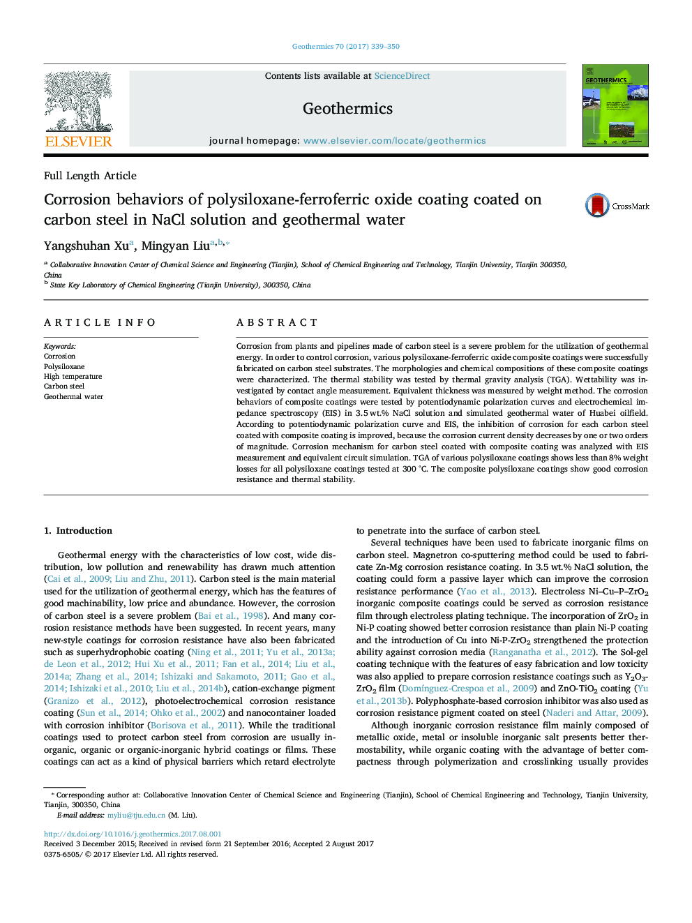 Corrosion behaviors of polysiloxane-ferroferric oxide coating coated on carbon steel in NaCl solution and geothermal water