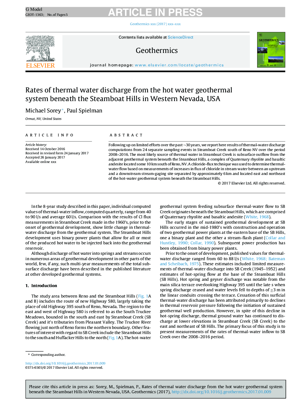 Rates of thermal water discharge from the hot water geothermal system beneath the Steamboat Hills in Western Nevada, USA