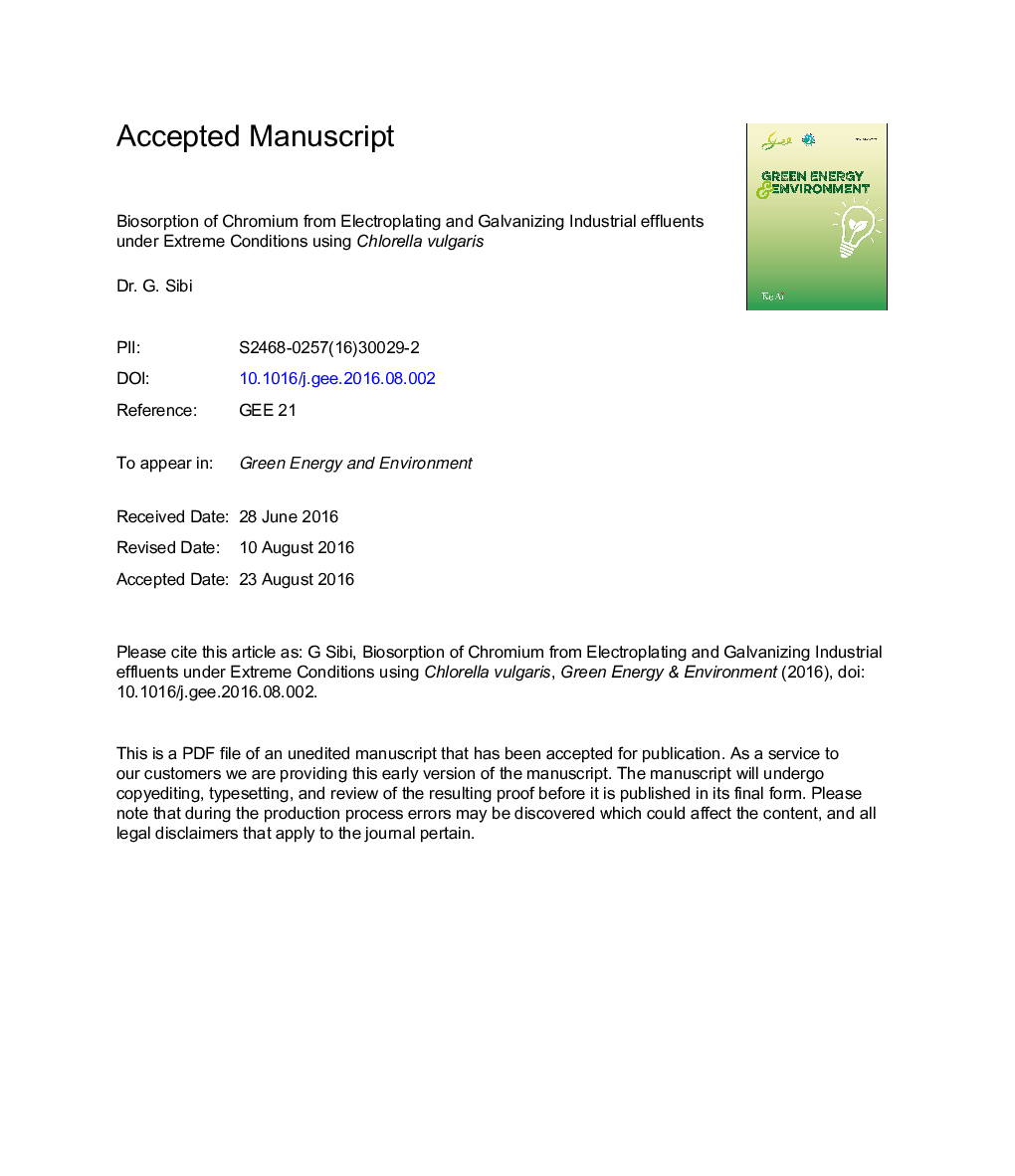 Biosorption of chromium from electroplating and galvanizing industrial effluents under extreme conditions using Chlorella vulgaris