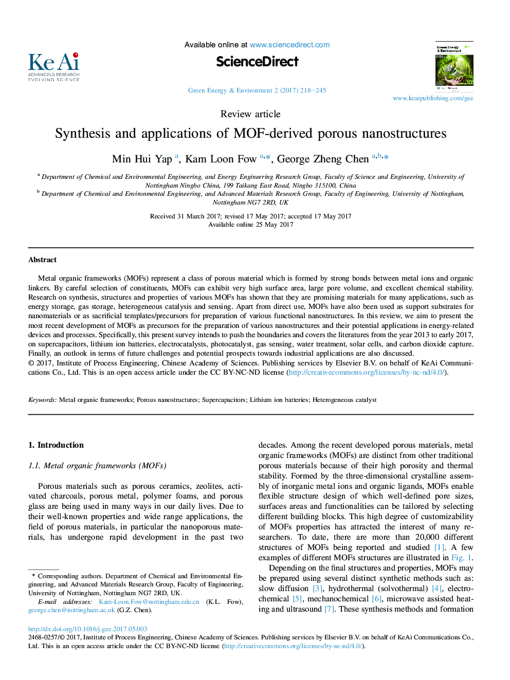 Synthesis and applications of MOF-derived porous nanostructures