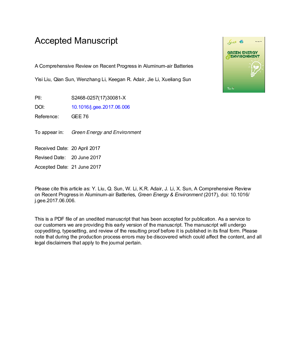 A comprehensive review on recent progress in aluminum-air batteries