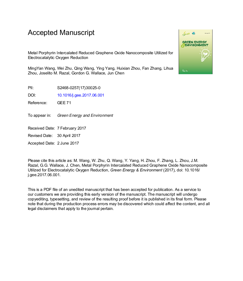 Metal porphyrin intercalated reduced graphene oxide nanocomposite utilized for electrocatalytic oxygen reduction