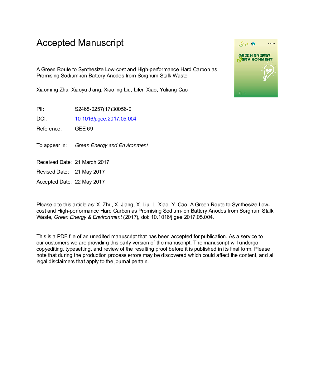 A green route to synthesize low-cost and high-performance hard carbon as promising sodium-ion battery anodes from sorghum stalk waste