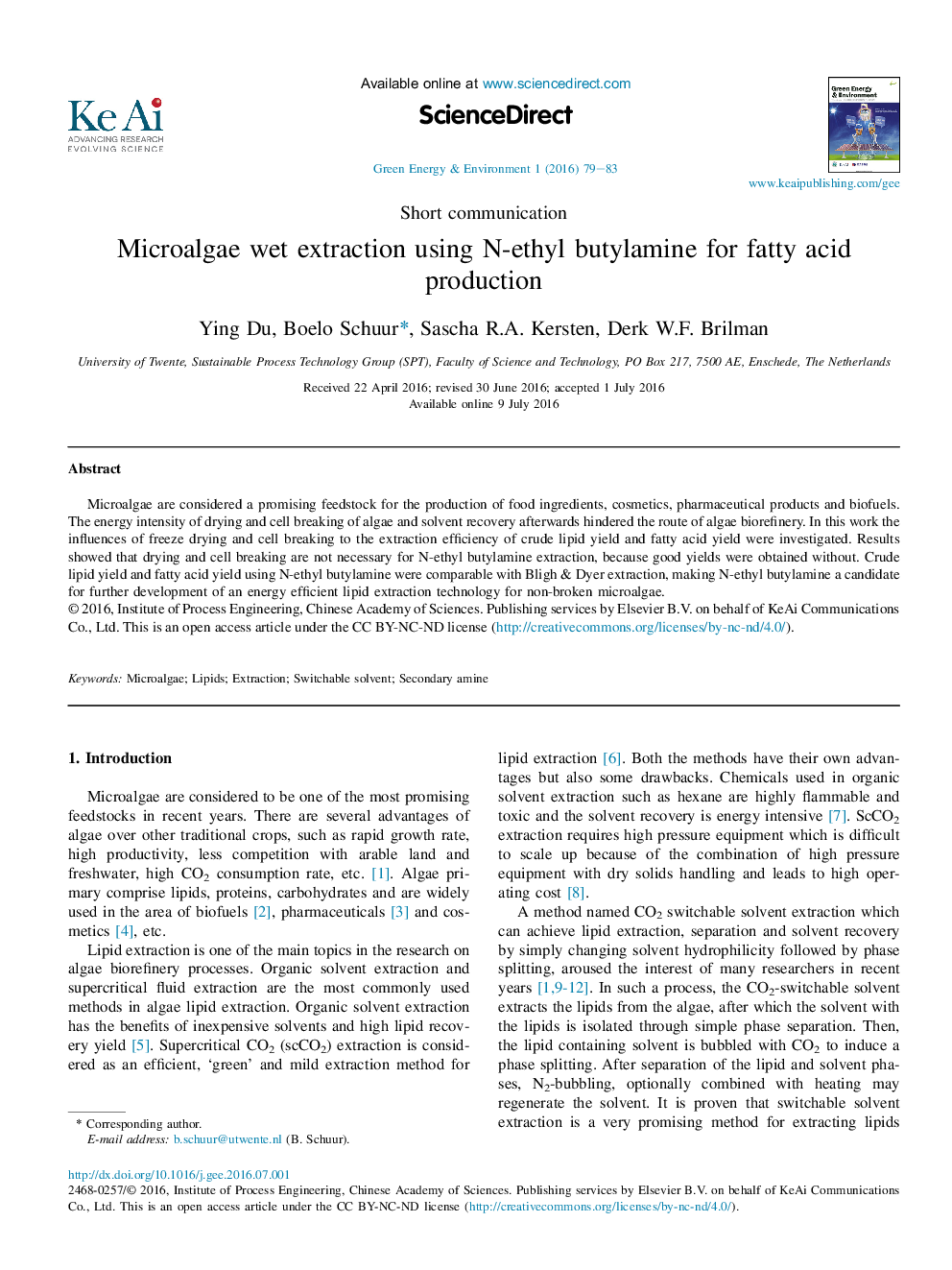 Short communicationMicroalgae wet extraction using N-ethyl butylamine for fatty acid production