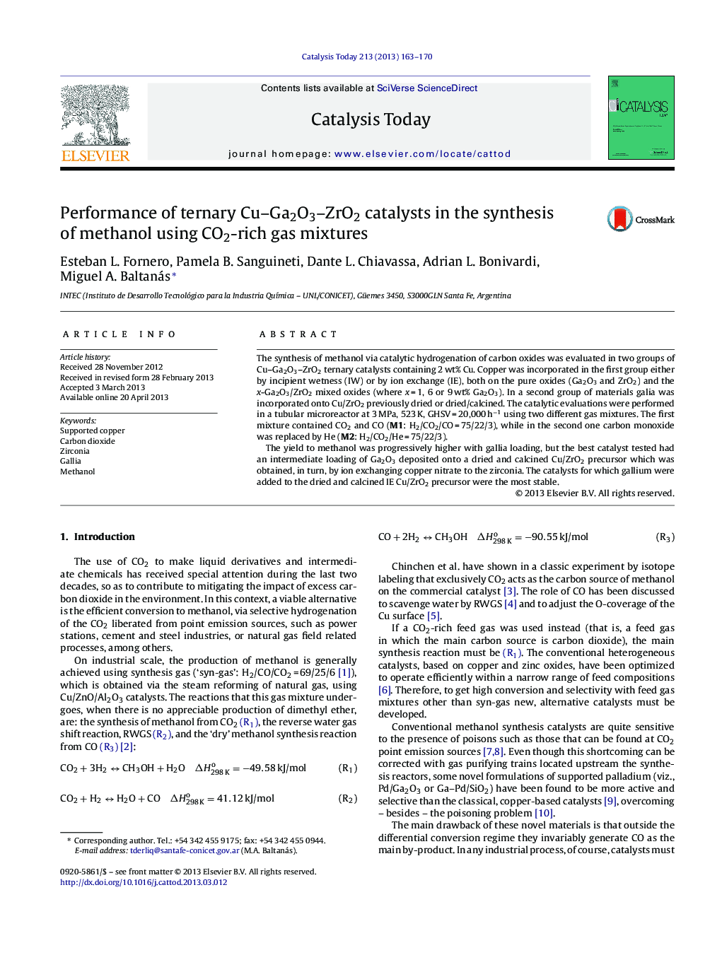 Performance of ternary Cu–Ga2O3–ZrO2 catalysts in the synthesis of methanol using CO2-rich gas mixtures