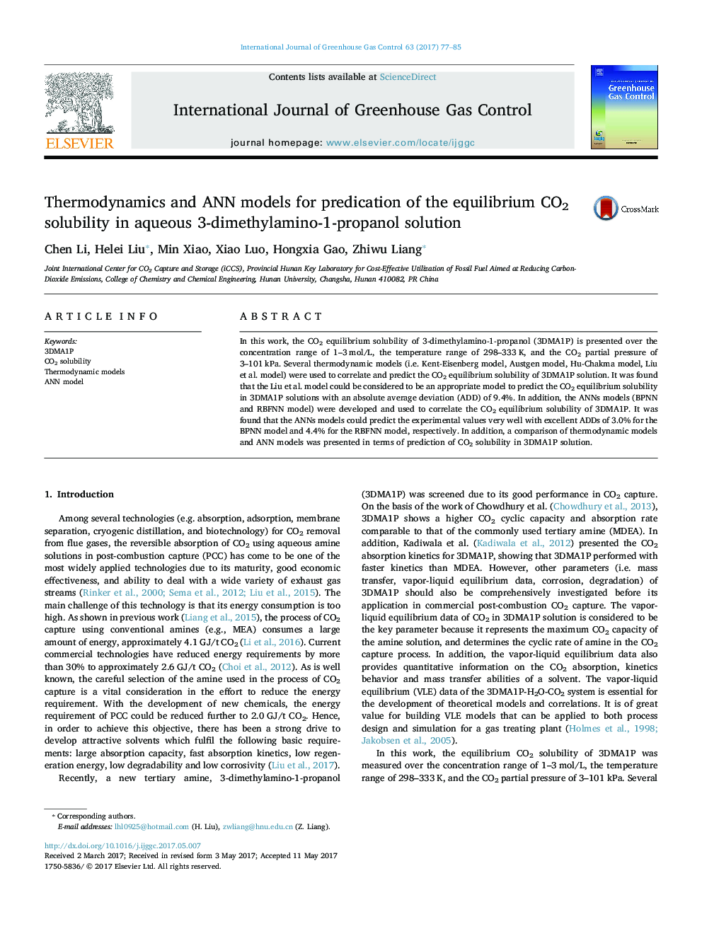 Thermodynamics and ANN models for predication of the equilibrium CO2 solubility in aqueous 3-dimethylamino-1-propanol solution