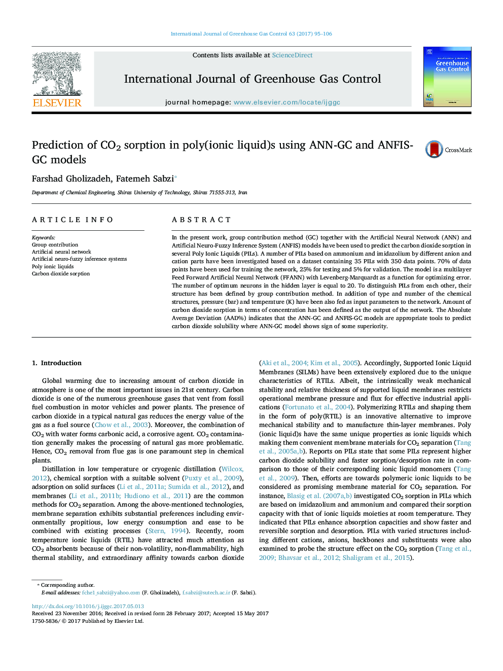Prediction of CO2 sorption in poly(ionic liquid)s using ANN-GC and ANFIS-GC models