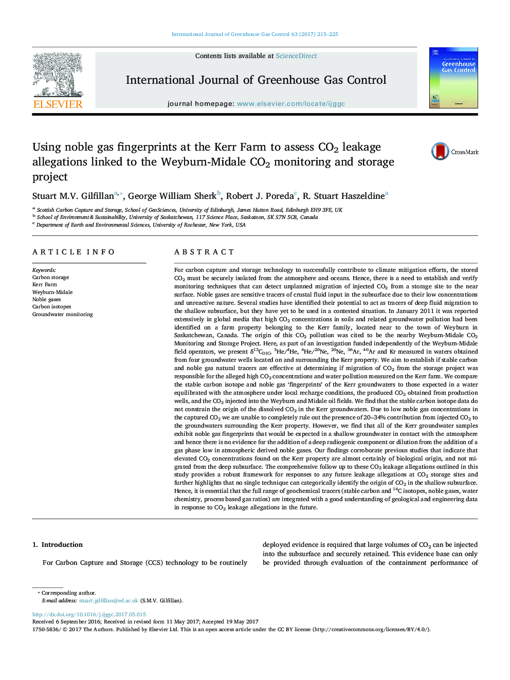 Using noble gas fingerprints at the Kerr Farm to assess CO2 leakage allegations linked to the Weyburn-Midale CO2 monitoring and storage project