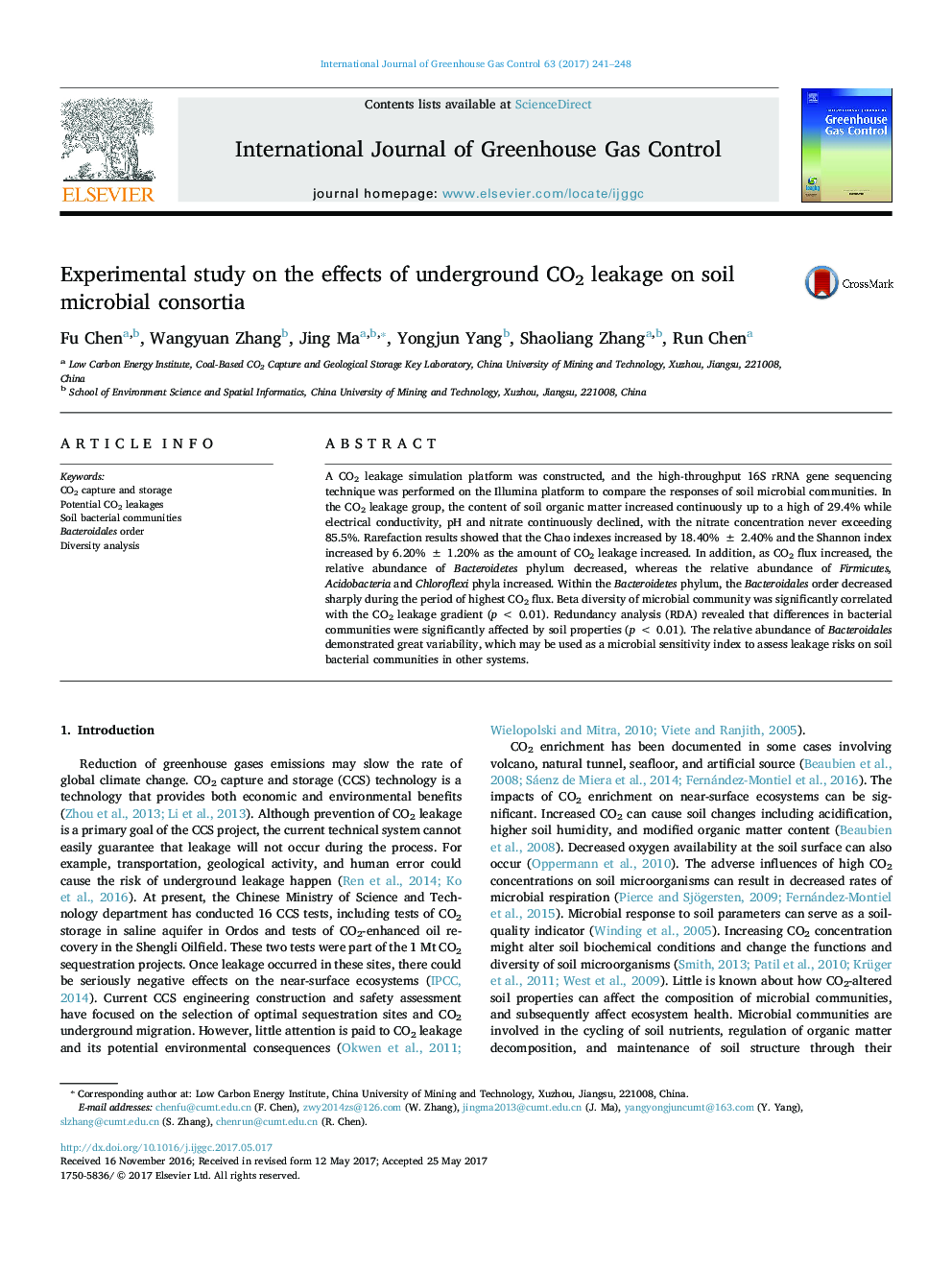 عکس صفحه اول مقاله: Experimental study on the effects of underground CO2 leakage on soil microbial consortia Experimental study on the effects of underground CO2 leakage on soil microbial consortia