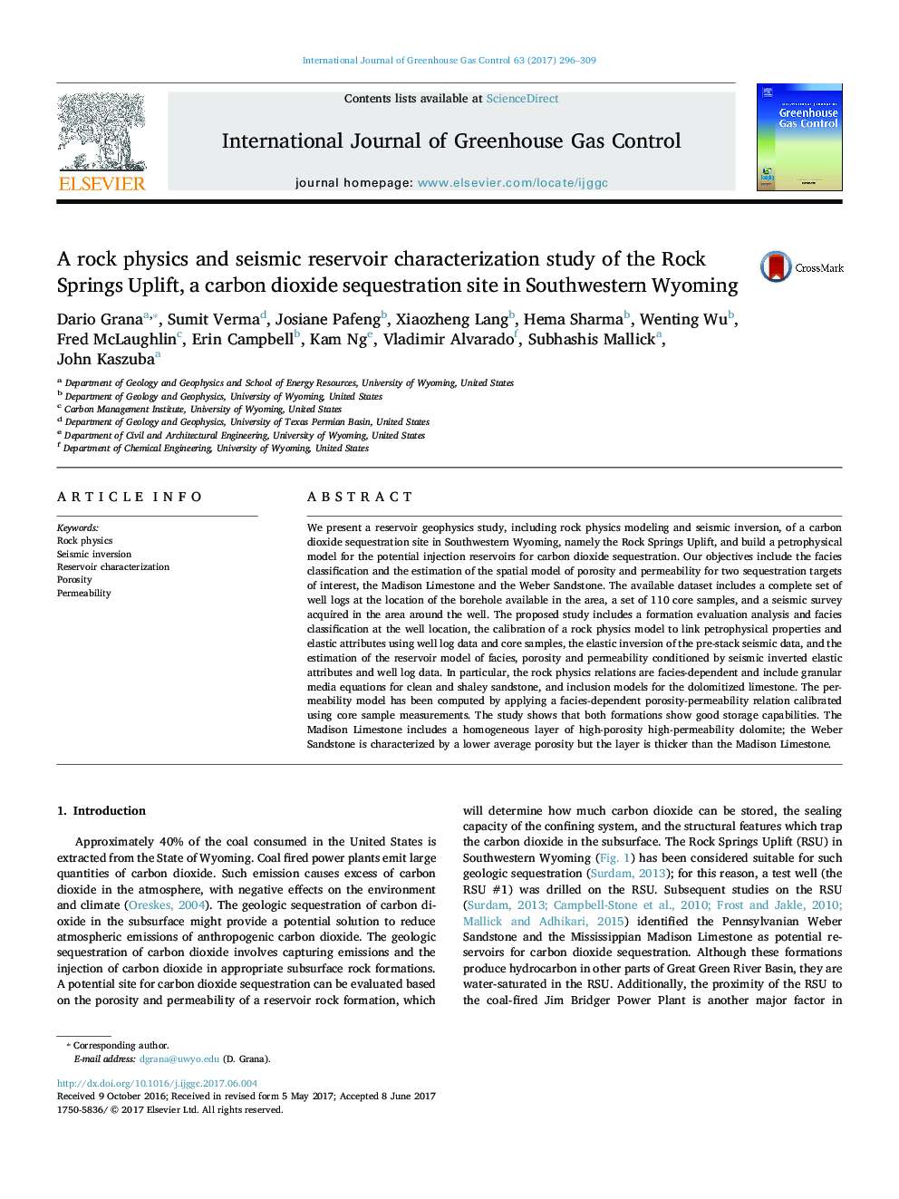 A rock physics and seismic reservoir characterization study of the Rock Springs Uplift, a carbon dioxide sequestration site in Southwestern Wyoming