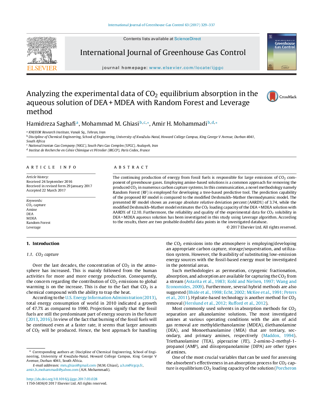 Analyzing the experimental data of CO2 equilibrium absorption in the aqueous solution of DEAÂ +Â MDEA with Random Forest and Leverage method