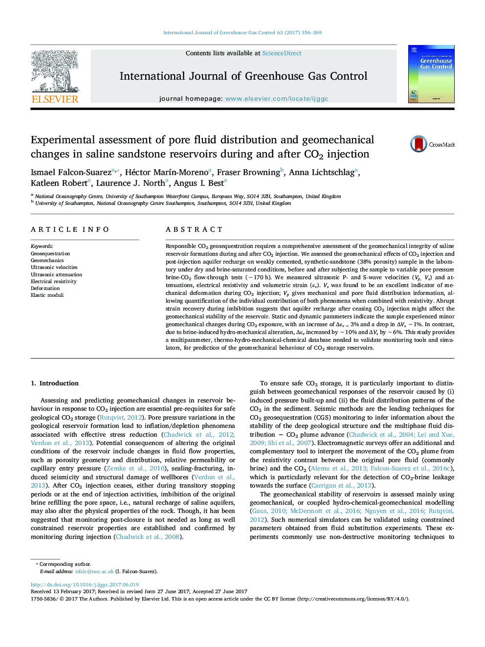 Experimental assessment of pore fluid distribution and geomechanical changes in saline sandstone reservoirs during and after CO2 injection