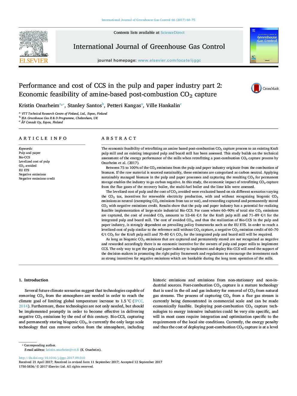 Performance and cost of CCS in the pulp and paper industry part 2: Economic feasibility of amine-based post-combustion CO2 capture