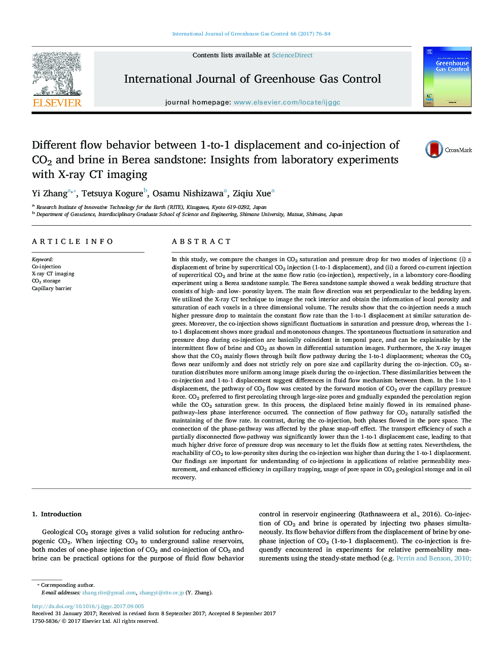 Different flow behavior between 1-to-1 displacement and co-injection of CO2 and brine in Berea sandstone: Insights from laboratory experiments with X-ray CT imaging