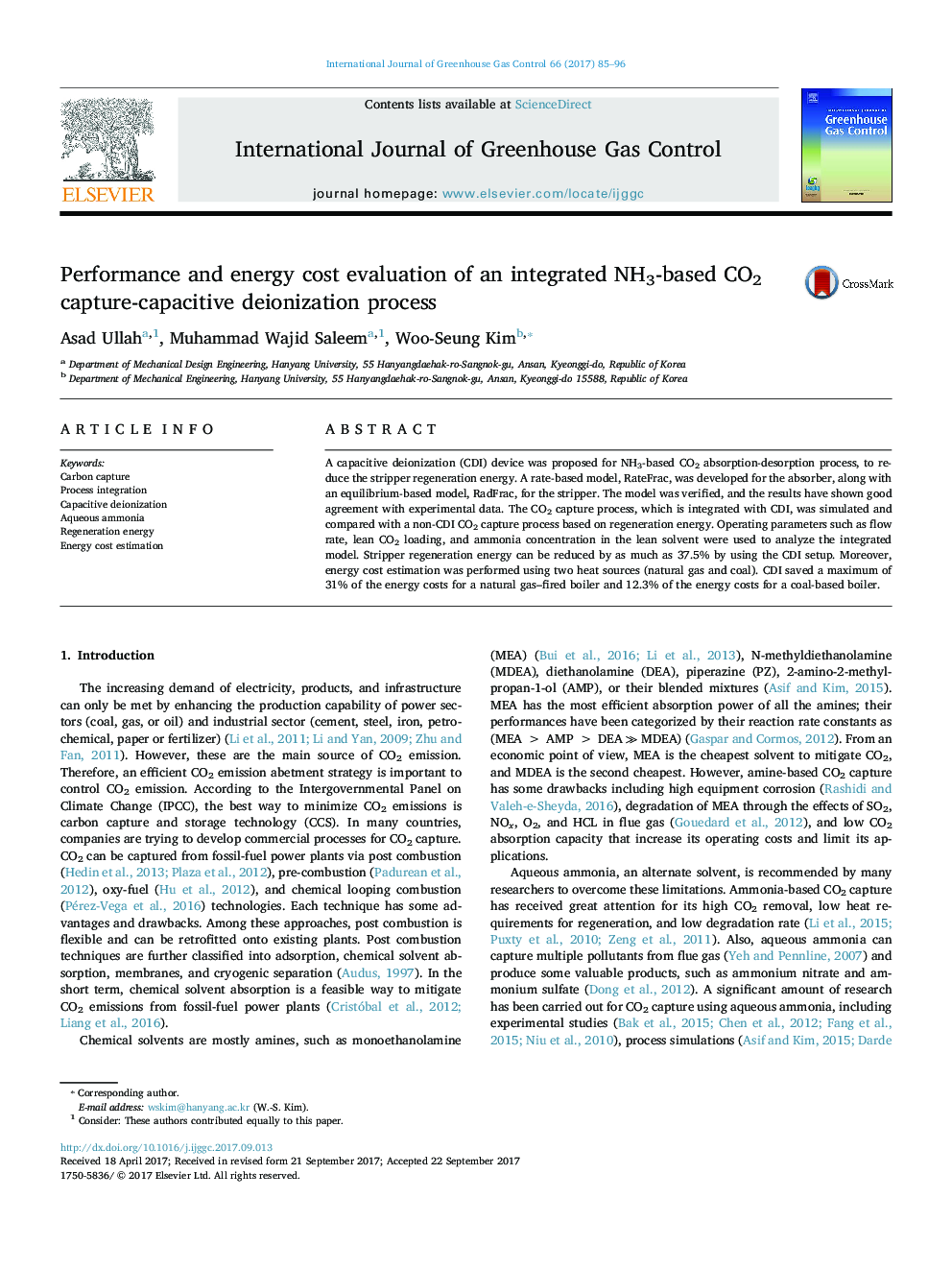 Performance and energy cost evaluation of an integrated NH3-based CO2 capture-capacitive deionization process