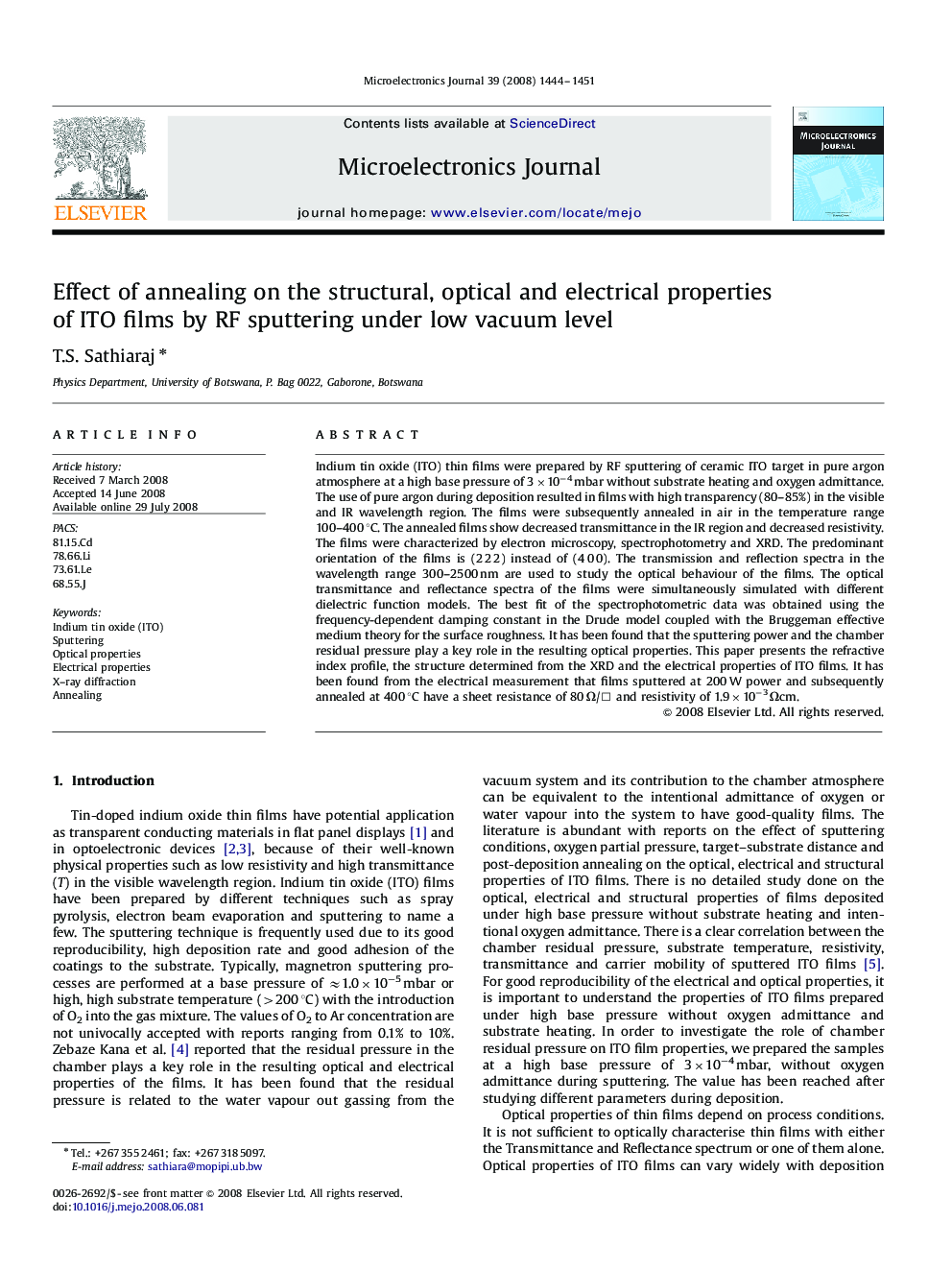 Effect of annealing on the structural, optical and electrical properties of ITO films by RF sputtering under low vacuum level