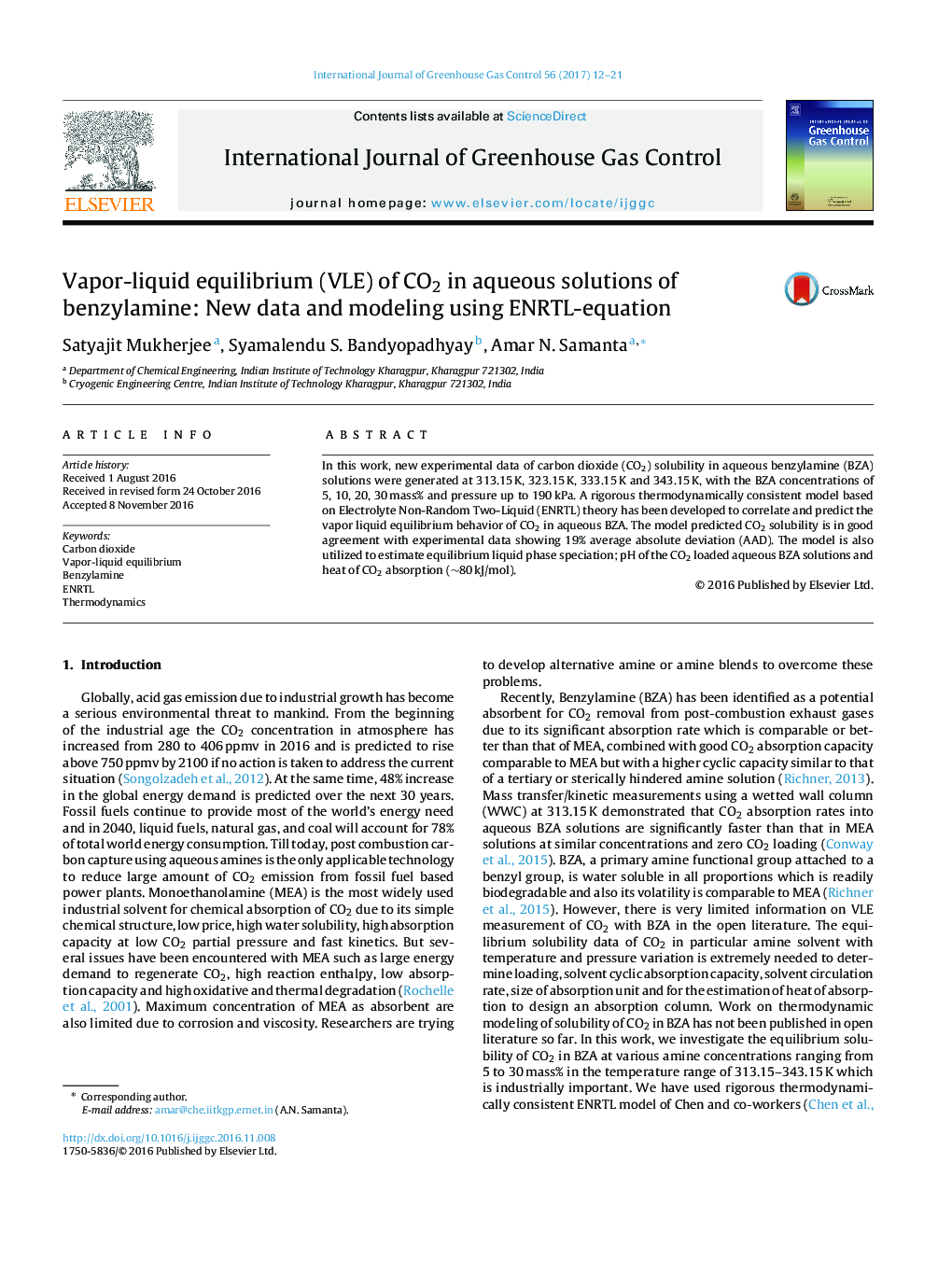 Vapor-liquid equilibrium (VLE) of CO2 in aqueous solutions of benzylamine: New data and modeling using ENRTL-equation