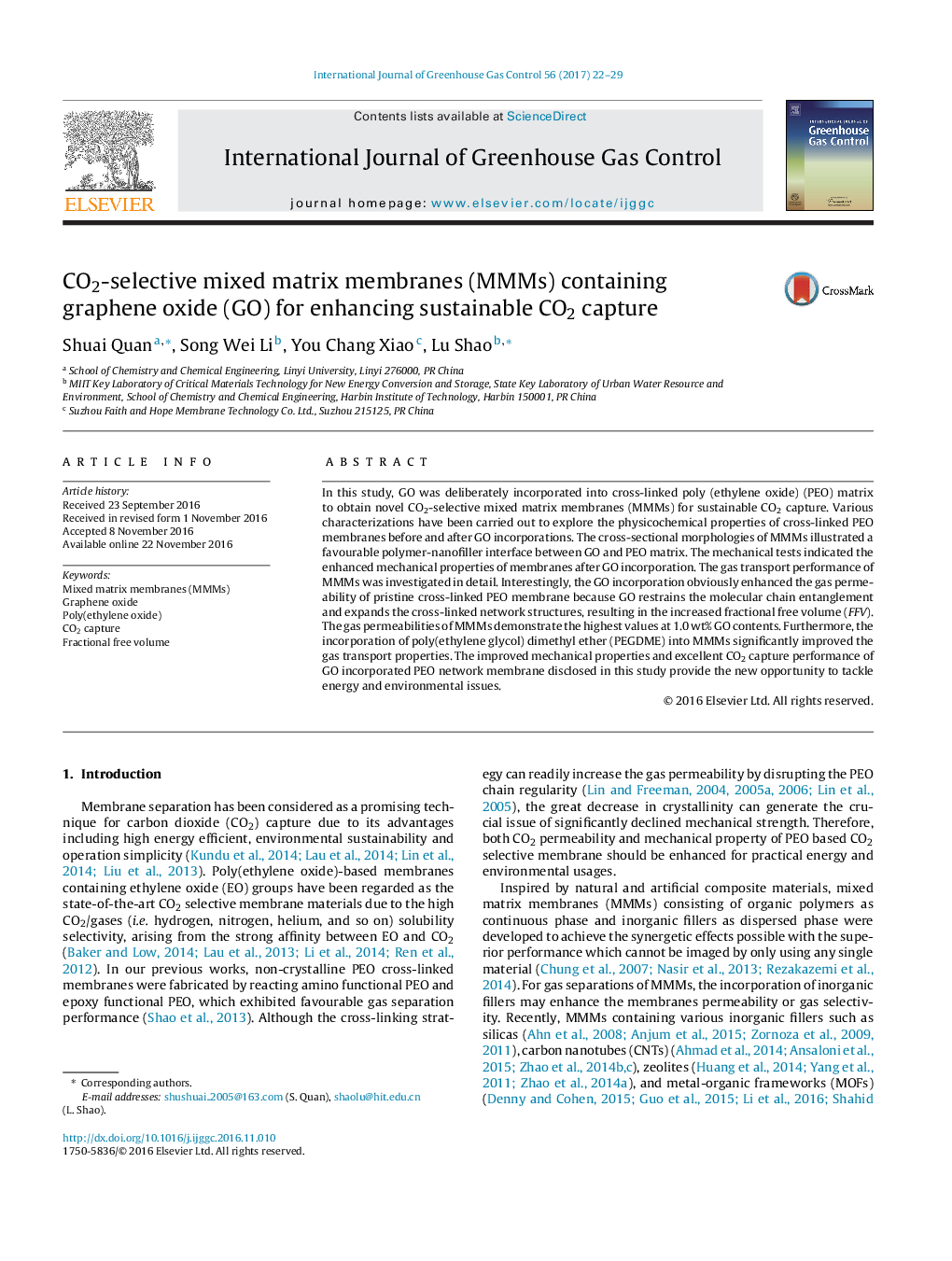 CO2-selective mixed matrix membranes (MMMs) containing graphene oxide (GO) for enhancing sustainable CO2 capture