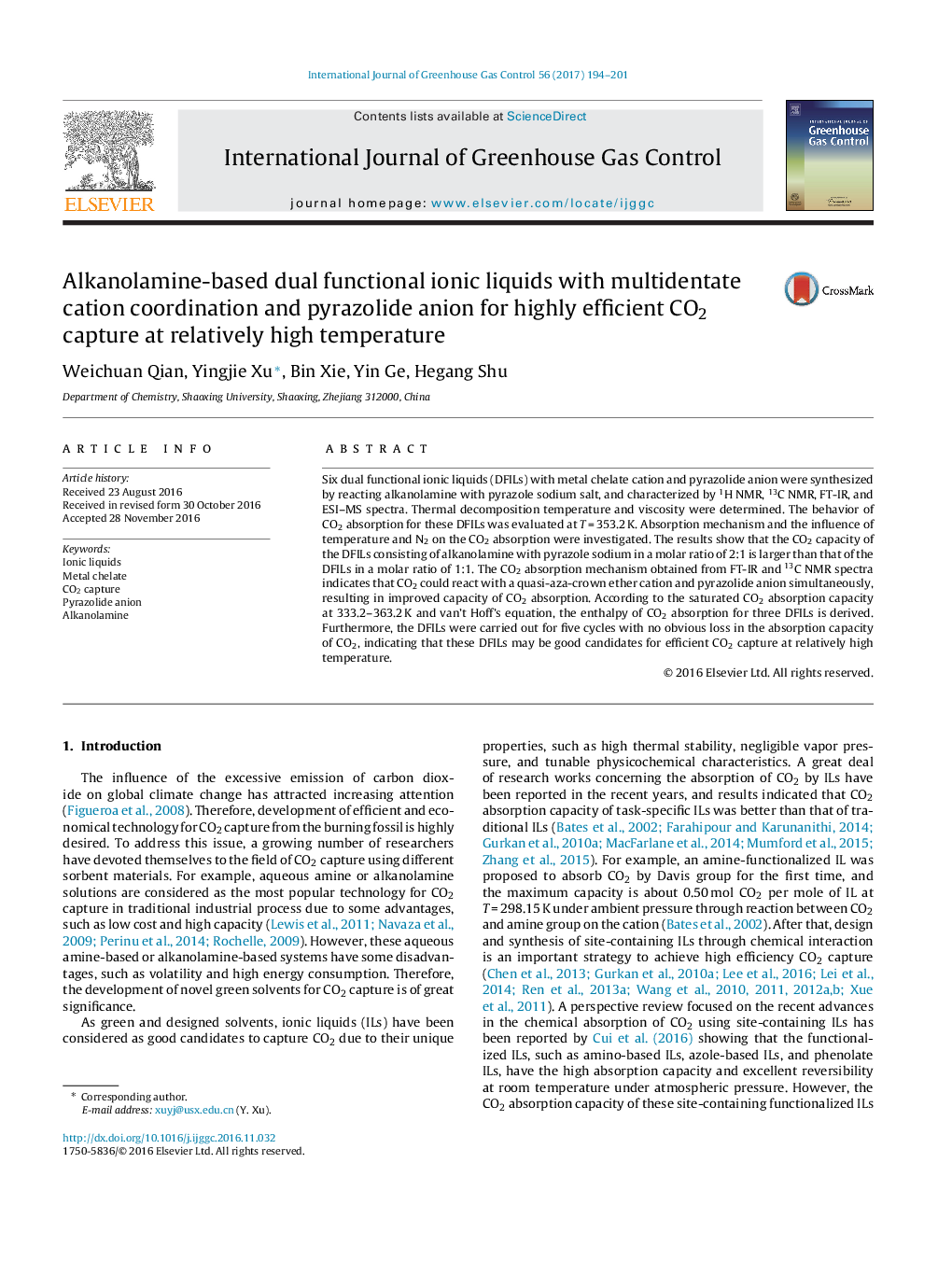 Alkanolamine-based dual functional ionic liquids with multidentate cation coordination and pyrazolide anion for highly efficient CO2 capture at relatively high temperature