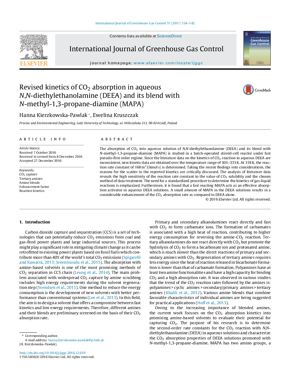 Revised kinetics of CO2 absorption in aqueous N,N-diethylethanolamine (DEEA) and its blend with N-methyl-1,3-propane-diamine (MAPA)