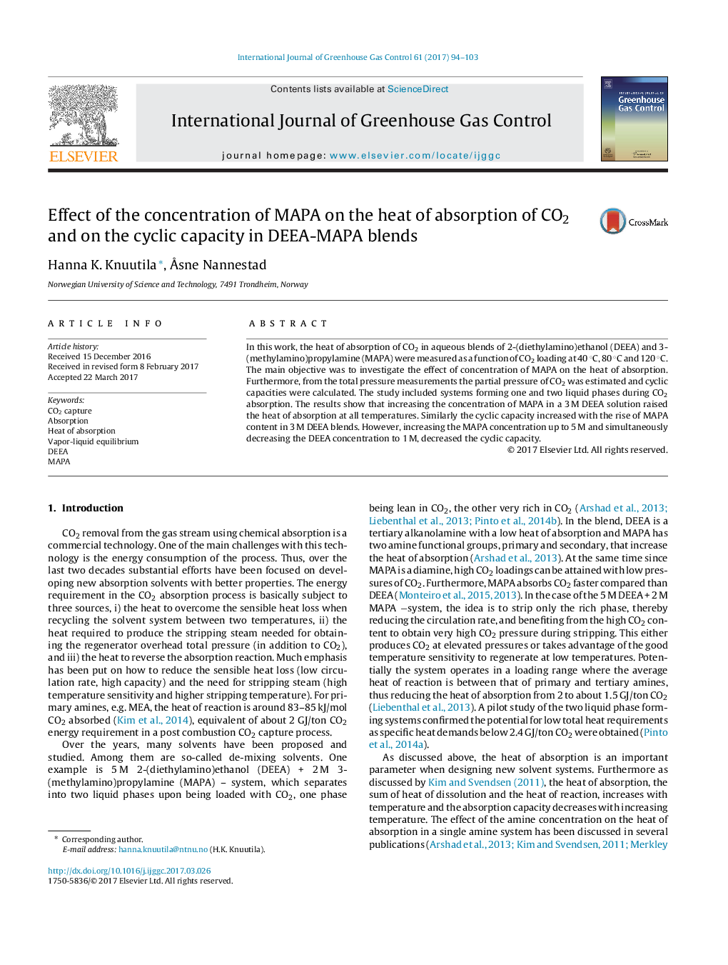 Effect of the concentration of MAPA on the heat of absorption of CO2 and on the cyclic capacity in DEEA-MAPA blends