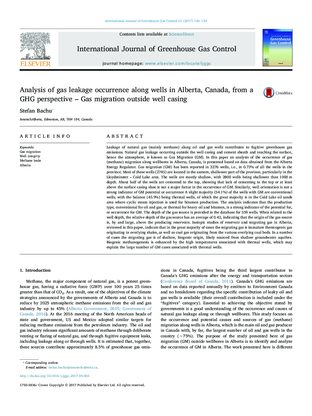 Analysis of gas leakage occurrence along wells in Alberta, Canada, from a GHG perspective - Gas migration outside well casing