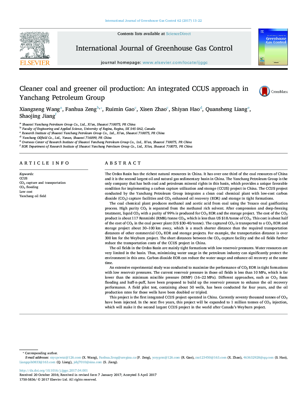 Cleaner coal and greener oil production: An integrated CCUS approach in Yanchang Petroleum Group