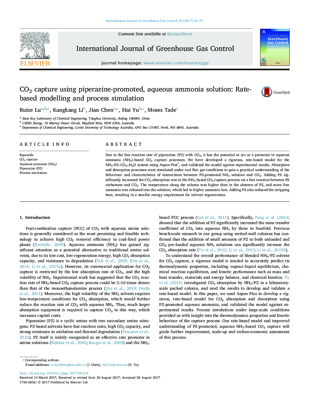 عکس صفحه اول مقاله: CO2 capture using piperazine-promoted, aqueous ammonia solution: Rate-based modelling and process simulation CO2 capture using piperazine-promoted, aqueous ammonia solution: Rate-based modelling and process simulation